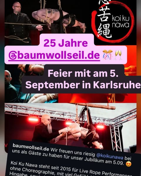 25 Jahre Baumwollseil – und wir dürfen die Seile auspacken. 🪢🖤

Am 5. September gibt es in Karlsruhe einen ganz besond